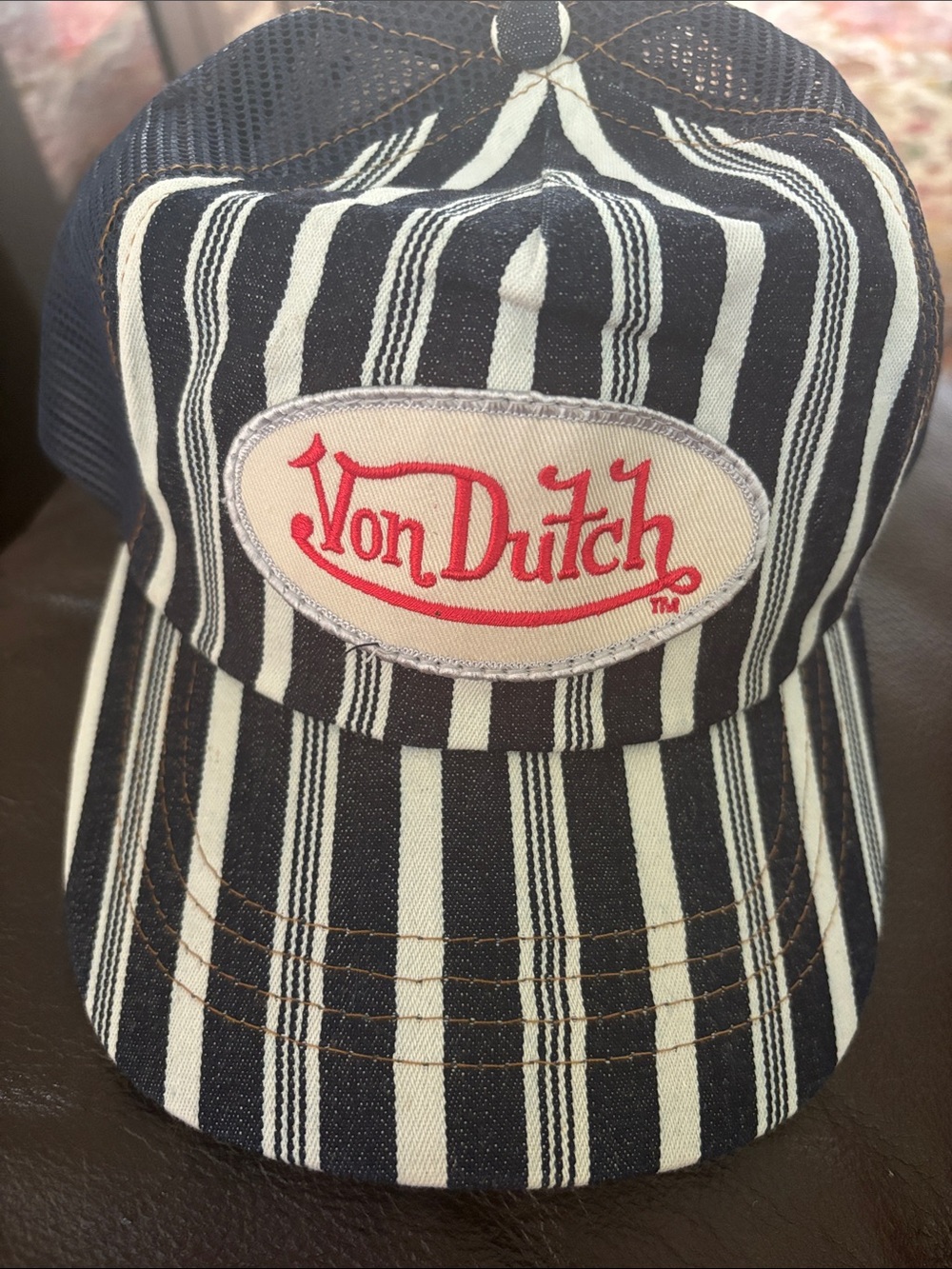 Von Dutch Navy & White Striped Trucker Cap with Red Logo Patch